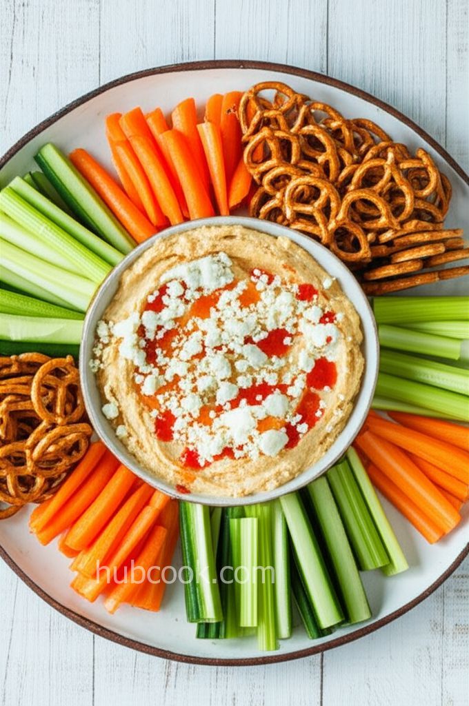 JARRIE's Hot Wing Hummus with Snack Factory® Pretzel Crisp® Dippers