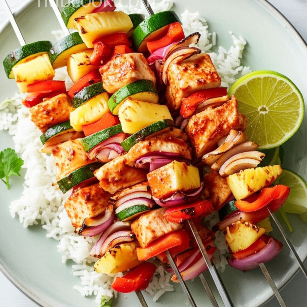 Grilled Orange Chicken Thigh Skewers with Pineapple and Vegetables