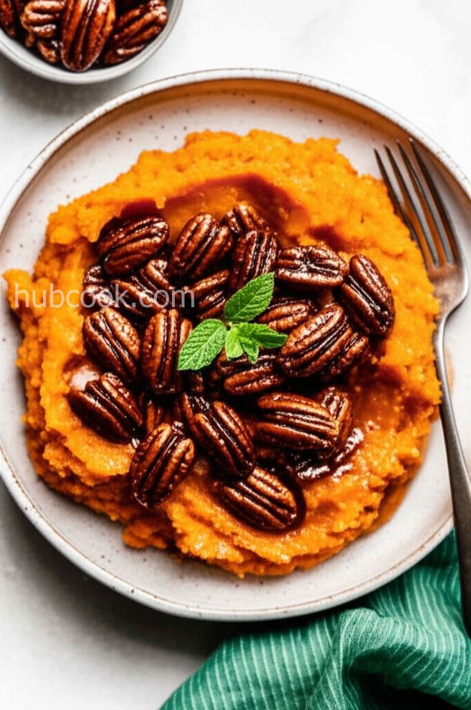 Slow Cooker Mashed Sweet Potatoes with Spicy Pecan Topping