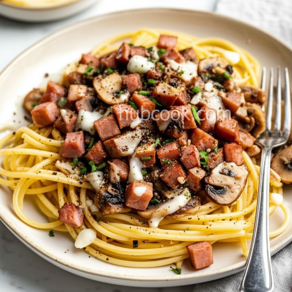 Broken Pasta with Mushroom, Onion, and Crispy SPAM