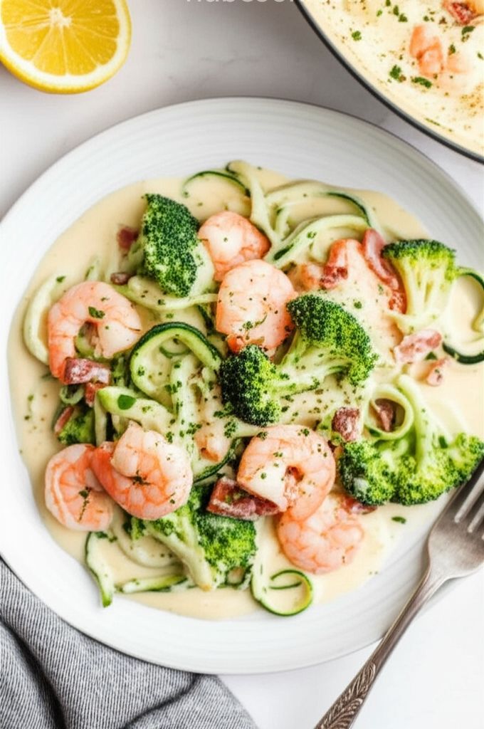 Healthier Alfredo Sauce with Shrimp and Broccoli