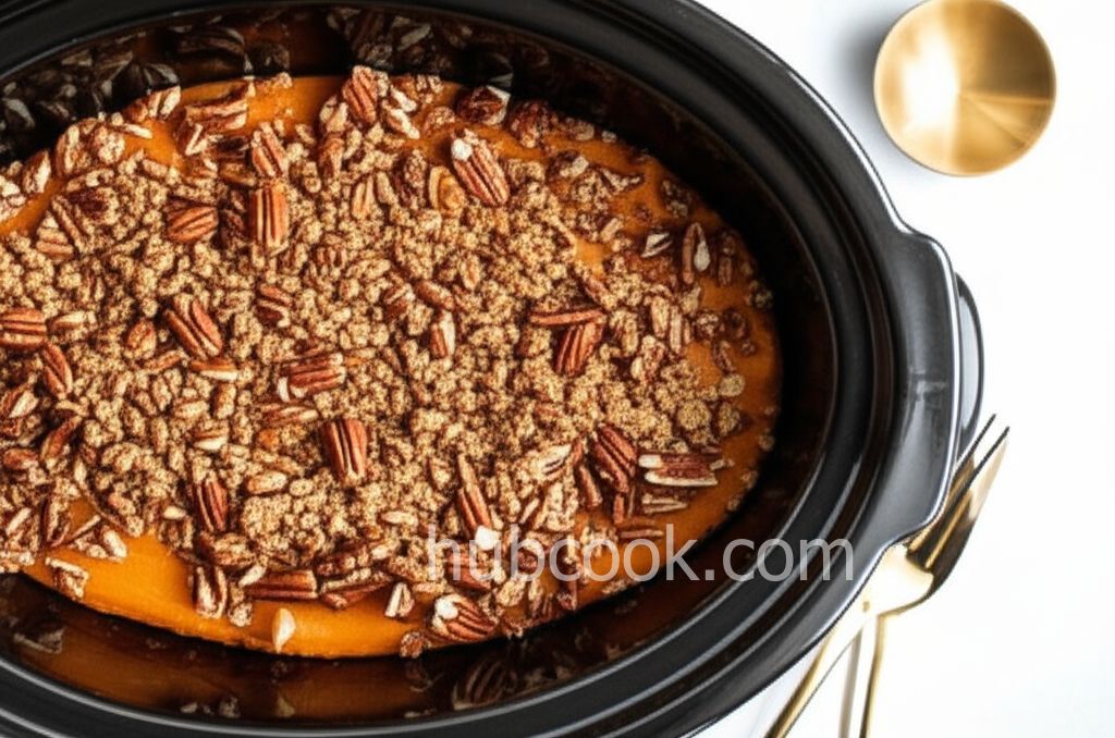 Slow Cooker Sweet Potato Casserole with Pecan Topping