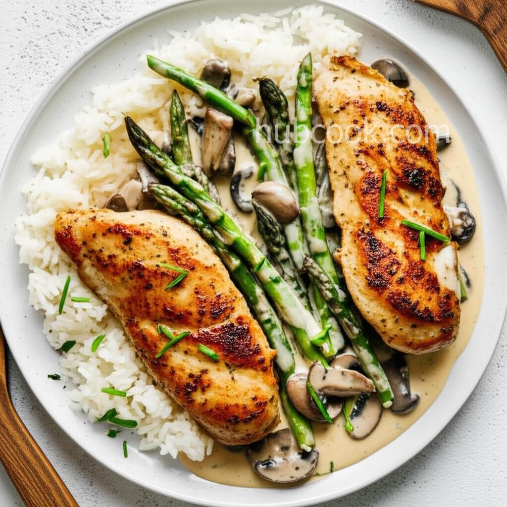 Boursin Chicken, Mushroom, and Asparagus Skillet